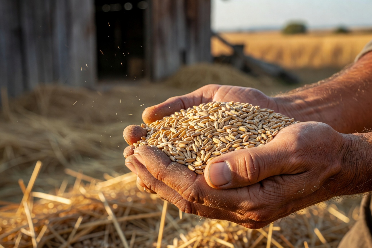Golden wheat grain held in hands
