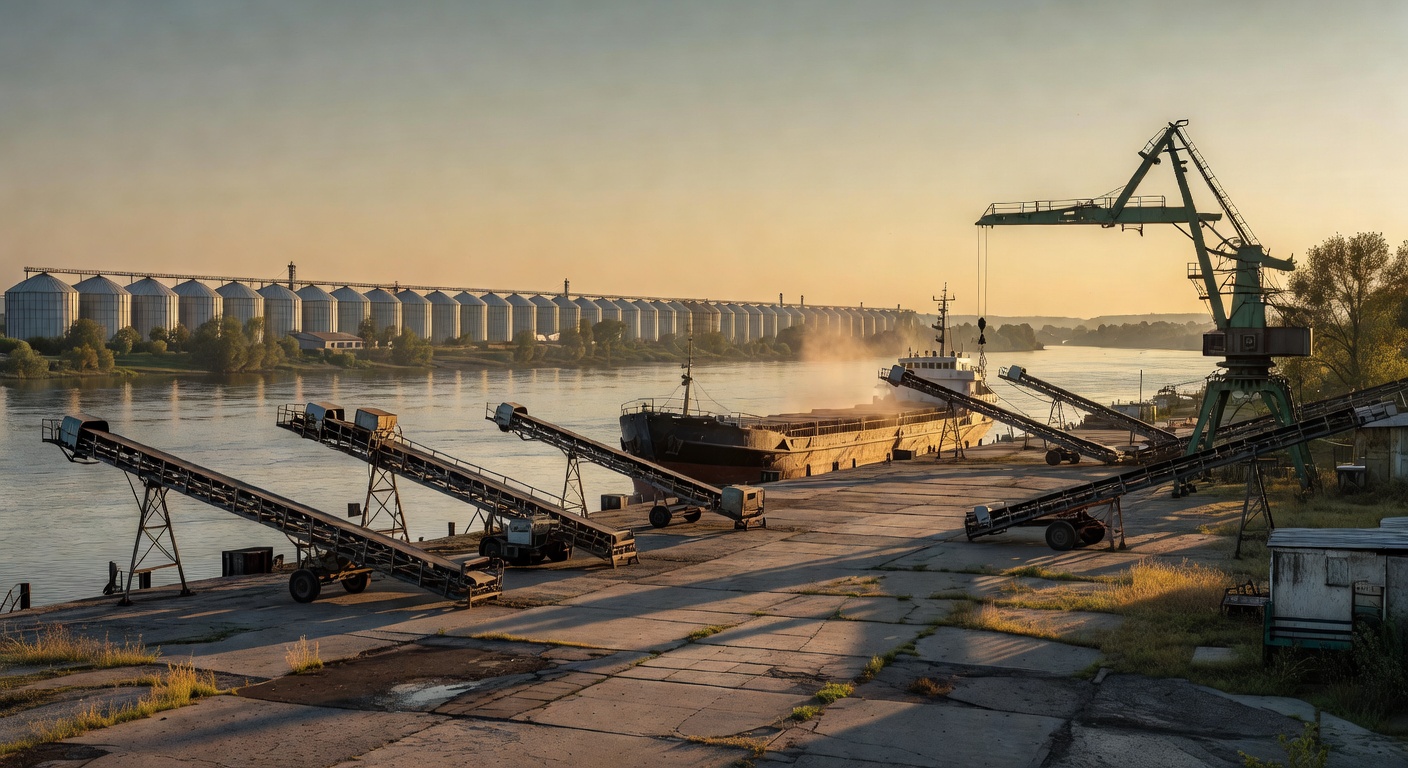 Danube river grain terminal with silos and moored bulk carrier at sunset